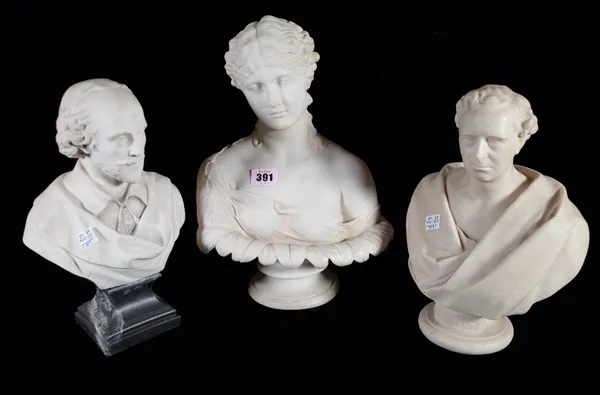 A composite marble bust of Clytie raised on a socle, 34cm high another of Robert Louis Stephenson, 26cm high and one further depicting Shakespeare, 27