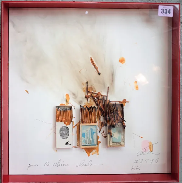 César (1921-1998) Pour le China Club, collage and mixed media including matchboxes, signed, inscribed and dated 28596 HK, 37cm x 36cm DDS Provenance;