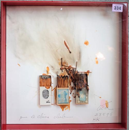 César (1921-1998) Pour le China Club, collage and mixed media including matchboxes, signed, inscribed and dated 28596 HK, 37cm x 36cm DDS Provenance;