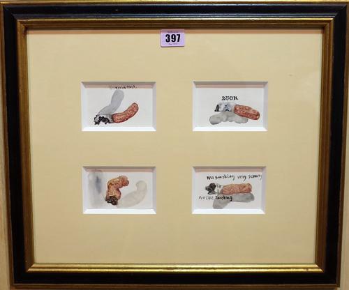 Luis Chan (Chinese 1905-1995) No smoking very strong, No like smoking, four watercolours, framed as one, signed indistinctly and dated 1995, each 6cm