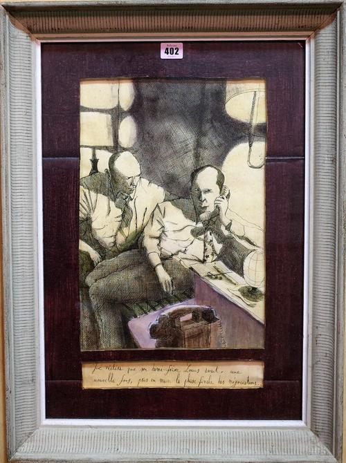 French School (20th century) "Joe realisa que son demi-frere Louis audit, une nouvelle fois.." study of Louis de Funès and his half brother, pen and i