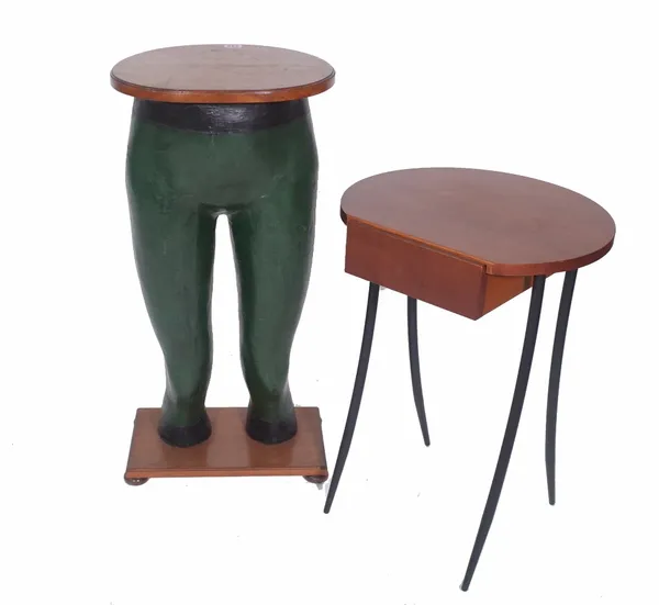 A late 20th century paper mache and hardwood mounted novelty side table in the form of a pair of green legs, oval top, 37cm wide x 80cm high and a mod