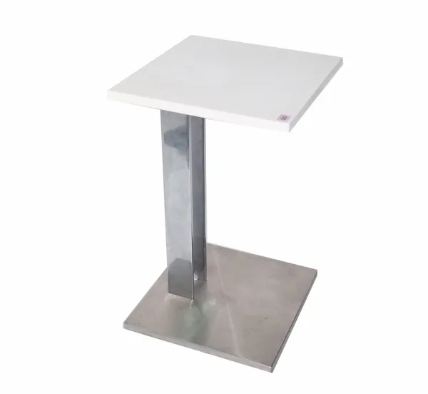 A 20th century white lacquer occasional table on brushed steel base, 40cm wide x 68cm high. Provenance; property from the late Sir David Tang  This lo