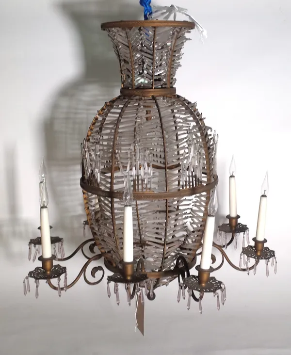 A late 19th century chandelier of unusual vase form, the central amphora shaped body with scrolling branches approx. 77cm high and a gilt brass chande