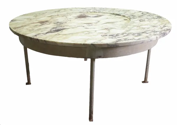 A 20th century white painted metal circular marble topped dining table with central lazy Susan, 168cm diamter, 86cm high. Provenance; property from th