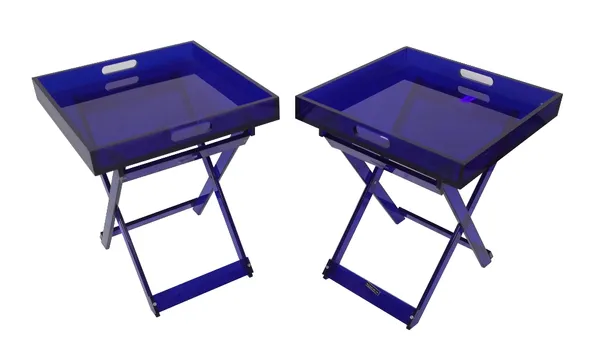 'Shanghai Tang'; a pair of blue acrylic folding occasional tables, with galleried tops, 40cm wide x 46cm high. (2) Provenance; property from the late