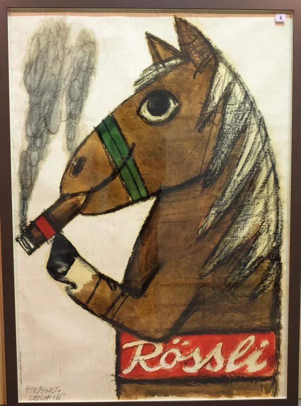 Herbert Leupin 'Rossei', produced by Druch and Sohn A.G. Zurich, depicting a horse smoking a cigar, 128cm x 90cm, framed and glazed. Provenance; prope