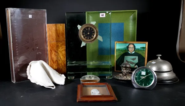 A quantity of collectables; Shanghai Tang items including; silver plated figural inkwell, clock, silver plated ashtray, also a large glass cased clock