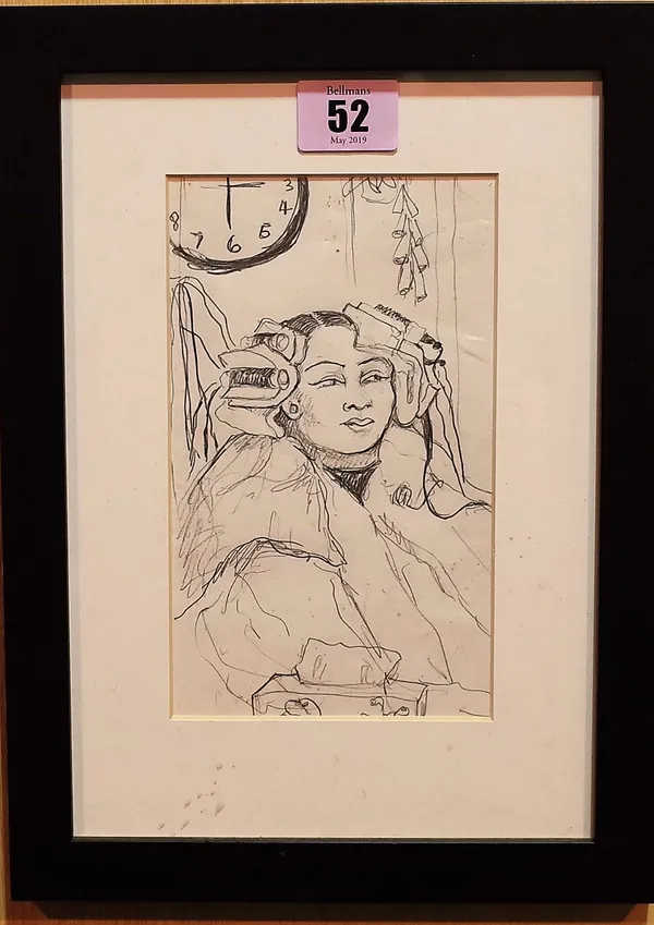 Louise Soloway Chan, (b.1962), At the hairdressers, pencil, signed and dated 2015 on reverse, 17cm x 10cm. DDS  Provenance; property from the late Sir