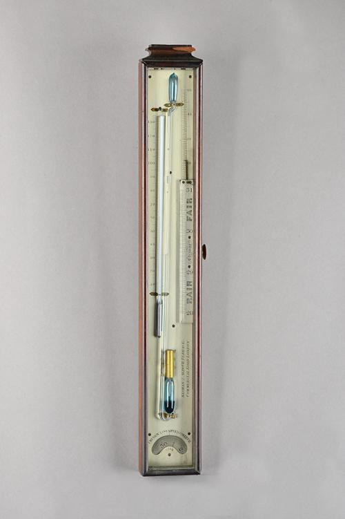 A VICTORIAN MAHOGANY SYMPIESOMETERBy Thomas Keohan, London, circa 1850In a glazed rectangular case, with silvered dial signed KEOHAN. 2 ARBOUR TERRACE