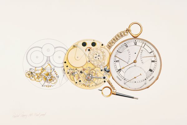 DAVID PENNEY, THE FINAL PROOF FOR A HOROLOGICAL PRINTSIGNED, INSCRIBED AND DATED 1981Showing a one-minute tourbillon pocket watch with fifteen-second