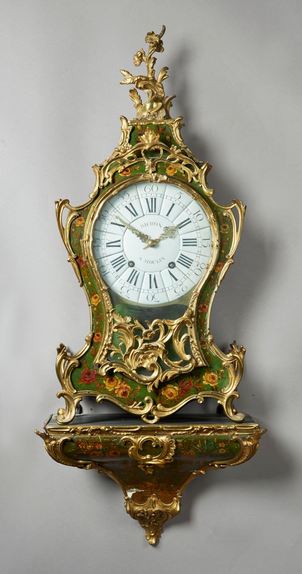 A LOUIS XV ORMOLU-MOUNTED GREEN AND FOLIATE LACQUERED BRACKET CLOCK AND BRACKETBy Bichon A MoulinThe shaped case with foliate mounts, surmounted by a