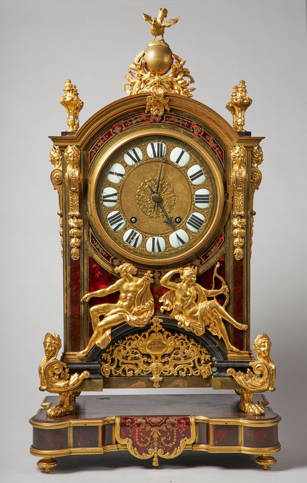 A REGENCE ORMOLU-MOUNTED TORTOISESHELL 'BOULLE' RELIGIEUSE CLOCKBy Gaudron, Paris, circa 1720 and laterThe arched case surmounted by a cockerel and or