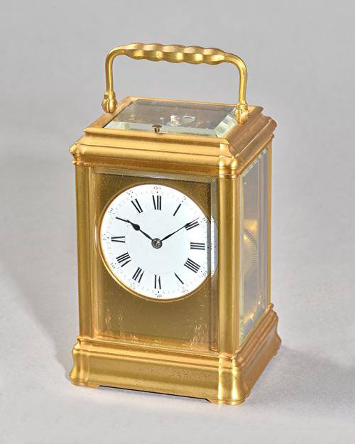 A FRENCH GILT-BRASS GRANDE SONNERIE STRIKING CARRIAGE CLOCKBy Henri Jacot, Paris, No. 11945, circa 1900In a Gorge case, with large original silvered