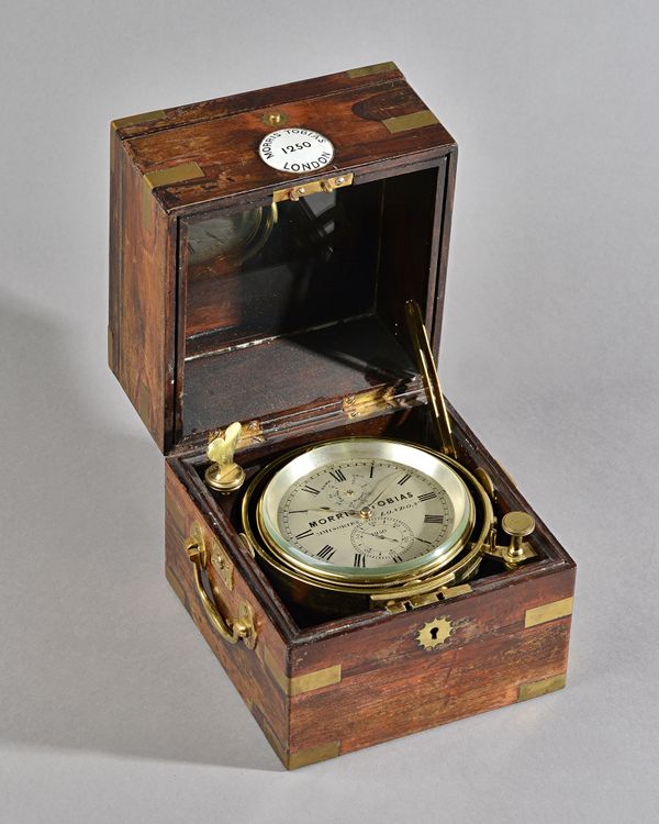 A VICTORIAN BRASS-BOUND ROSEWOOD TWO-DAY MARINE CHRONOMETERBy Morris Tobias, 31 Minories, London, No. 1250, circa 1840The case of three sections, the