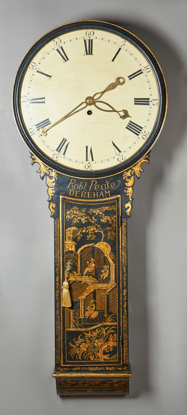 A GEORGE III CHINOISERIE DECORATED 'ACT OF PARLIAMENT' TIMEPIECEBy Robert Peake, Dereham, circa 1780The 23in. circular dial within a moulded surround,