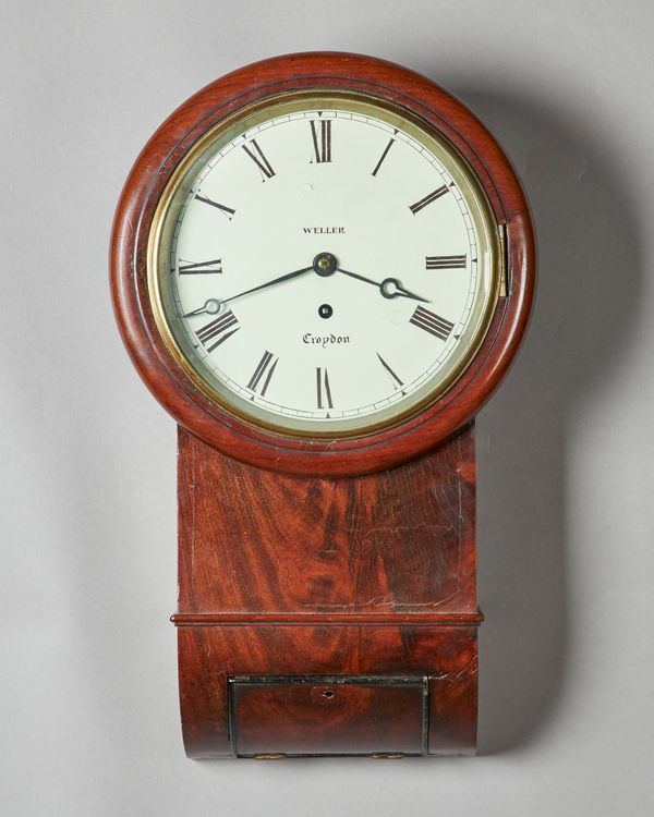 A VICTORIAN MAHOGANY DROP DIAL WALL TIMEPIECEInscribed Weller, CroydonThe 8in. white painted dial, inscribed Weller Croydon, with pierced steel hands,