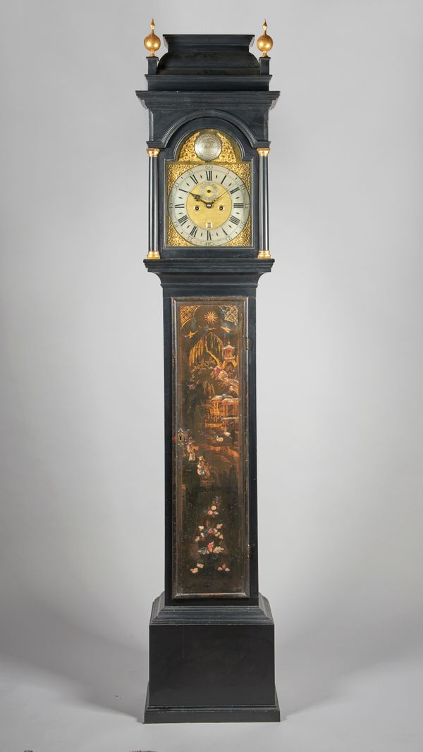 AN EBONISED AND CHINOISERIE DECORATED LONGCASE CLOCKThe movement by William Skikelthorp, LondonThe case with a domed top above moulded pediment and ar