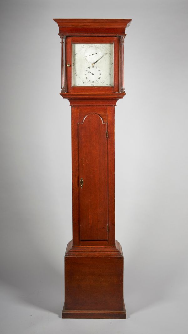 AN UNUSUAL GEORGE III OAK 30-HOUR LONGCASE CLOCKBy William Kemp and John Holman, Lewes, circa 1790The case with a moulded cornice above a glazed panel