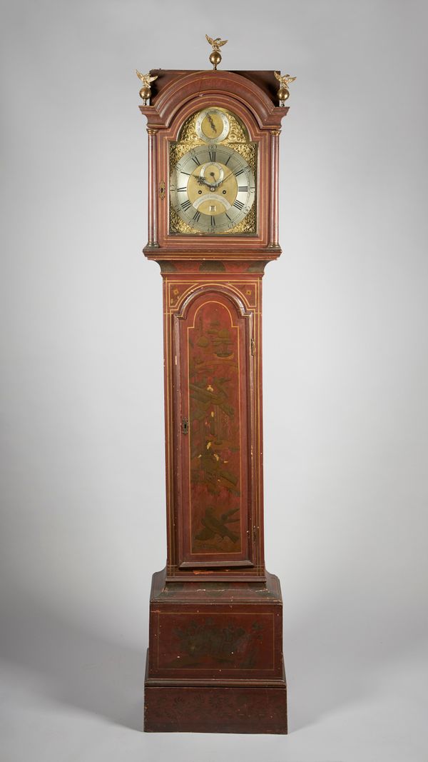 A GEORGE III AND LATER RED LACQUER CHINOISERIE DECORATED LONGCASE CLOCKThe movement signed Thomas Hemings, London, circa 1760The case with an arched p