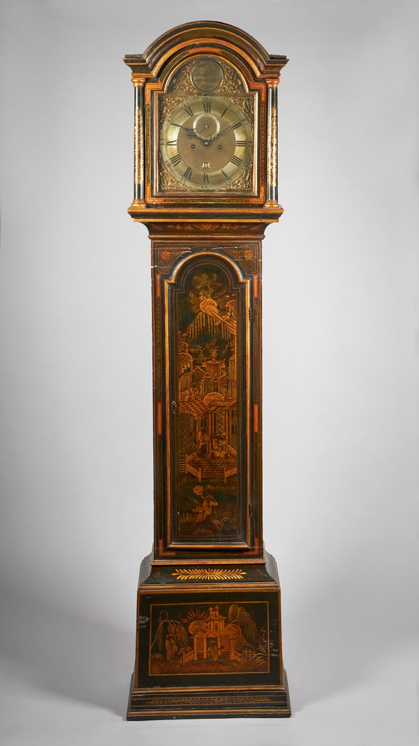 A GEORGE III PARCEL-GILT GREEN LACQUER CHINOISERIE LONGCASE CLOCKThe movement by William Rout, London, circa 1760The arched case with glazed door abov