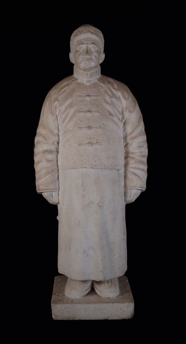A white marble figure of a Chinese gentleman in traditional dress, 16cm wide x 57cm high. Provenance; property from the late Sir David TangThis lot ha