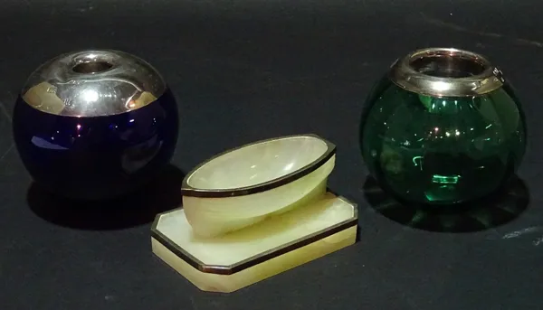 A late 20th century green glass and silver mounted table match striker of large globular form, London 1991, together with another blue glass example,