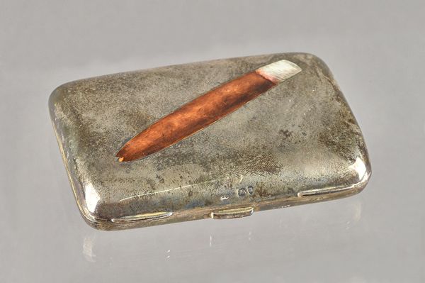 A Victorian silver and enamel cigar case, of curved rectangular form, the cover enamelled with a lit cigar by George Heath, London 1888, 11cms.  Prove