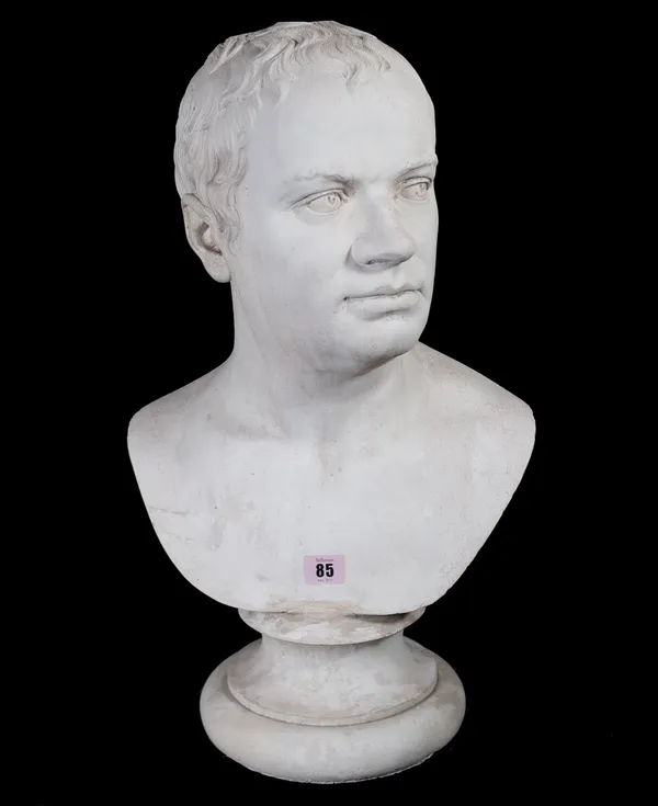 A modern Neoclassical style plaster bust of a man on turned socle, 56cm high.  Provenance; property from the late Sir David TangThis lot has been impo