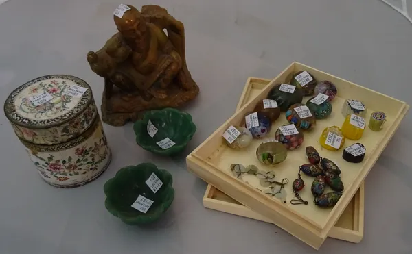 Collectables, including; an Asian hardstone figure of Buddha, a pair of Asian hardstone green bowls, an enamelled jar and cover and a group of African