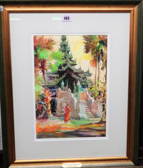 Than Kywe (contemporary), Shwe-in Bin Monastery, mandalay 2004; 86 Natmauk Road, Yangon 2005, two watercolours, inscribed on reverse, one 37cm x 25.5c