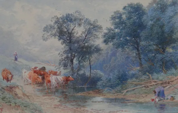 Myles Birket Foster (1825-1899), At the stream, watercolour, signed with monogram, 11.5cm x 17cm. Illustrated  AS