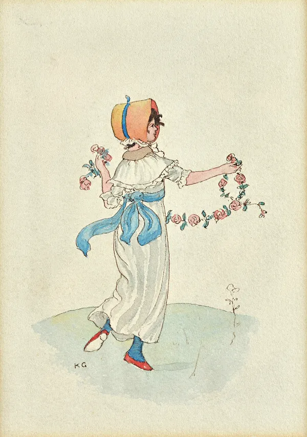 Kate Greenaway (1846-1901), The Garland, watercolour, pen and ink, signed with initials, 14cm x 9cm.Provenance: with The Fine Art Society