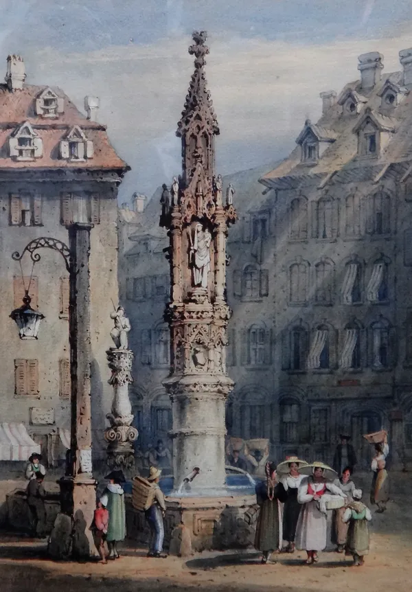 Follower of Samuel Prout, Basle, watercolour, bears signature and inscription, 31cm x 22cm.; together with a further town scene attributed to John Ski