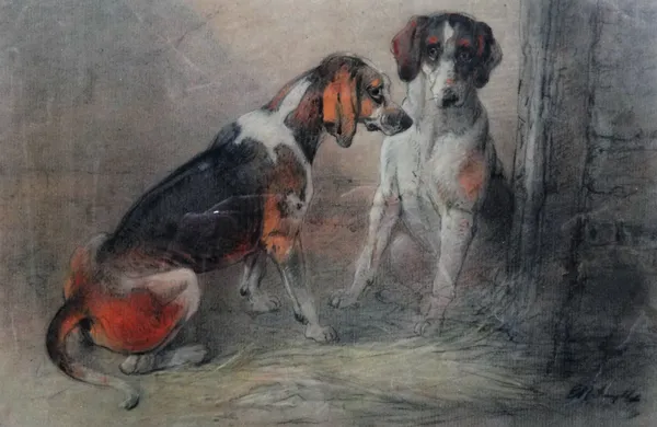 Edward Robert Smythe (1810-1899), Hounds in a stable, pencil and coloured chalk, signed, 23.5cm x 36cm.