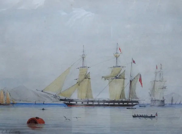 Charles A Lodder (fl.1880-1885), Masted Ships at anchor, watercolour, signed and dated 1848, 25cm x 34cm.