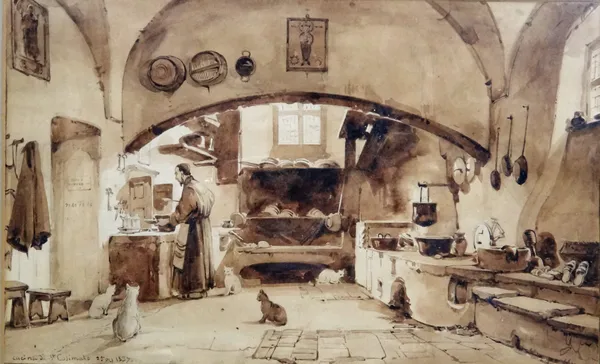 William Leighton Leitch (1804-1883), Cucina di St Casimato, sepia watercolour, inscribed and dated 25 oct 1837, 19cm x 30cm.