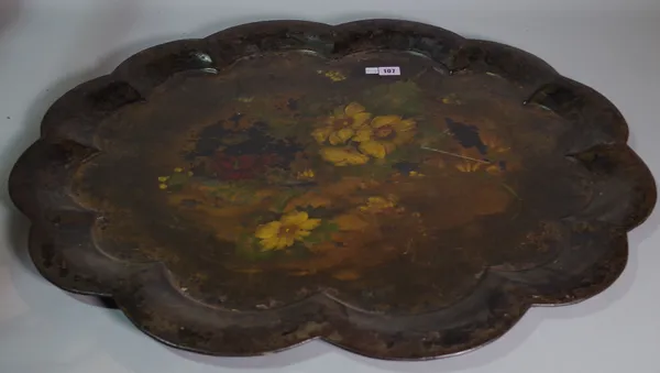 A Victorian tôle peinte tray foliate decorated with scalloped rim, 77cm wide, a Victorian oval papier mâché tray, a rectangular over mantel mirror, 88