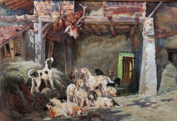 Jules-Bertrand Gelibert (1834-1916) and Gaston Gélibert (1850-1931), Hounds in a stable,  watercolour heightened with white, signed, 37cm x 55cm.