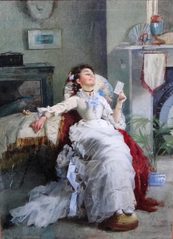 Alexander M. Rossi (1840-1916), The love letter, watercolour, signed, 45cm x 32.5cm. Illustrated