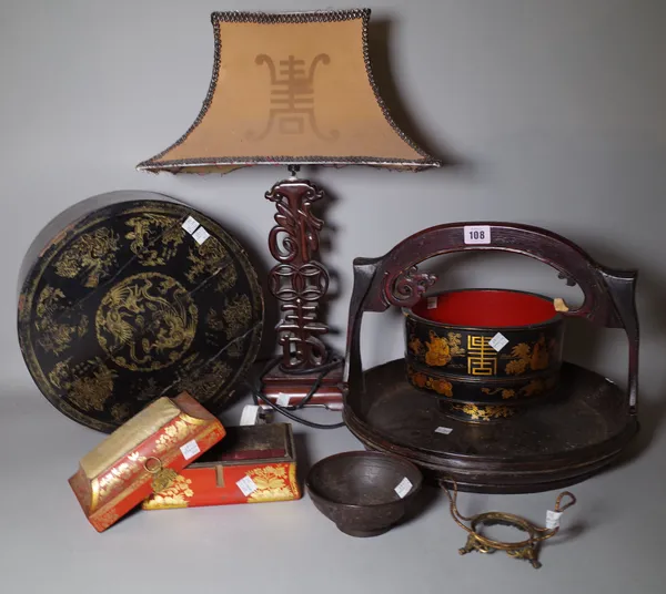 Asian interest; a gilt decorated lacquer circular box, a fret cut hardwood table lamp, a chinoiserie decorated box and sundry, (qty).