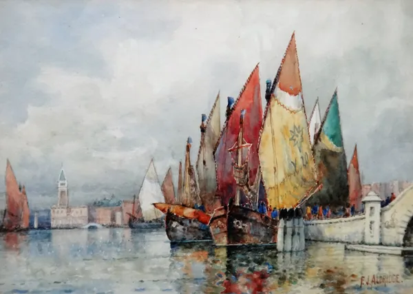 Frederick James Aldridge (1850-1933), Fishing smacks, Venice, watercolour, signed, 26cm x 36cm.