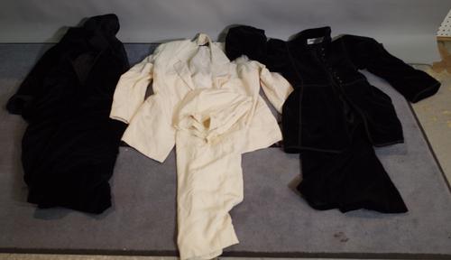 A quantity of ladies vintage clothing, comprising; John Bates leather two piece , Saint Laurent black velvet jacket and matching skirt, another simila