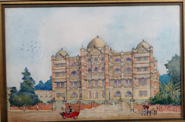 English Colonial School (early 20th century), View of a Municipal Building, Calcutta, watercolour and pencil, 17cm x 26cm.; framed together with a cer