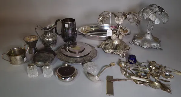 Silver plated wares, including; a pair of palm trees, an entree dish, two hip flasks and sundry, (qty).