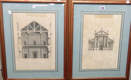 After Inigo Jones, Six architectural designs, engravings, various sizes, together with a further engraving with hand colouring of Middlesex Hospital