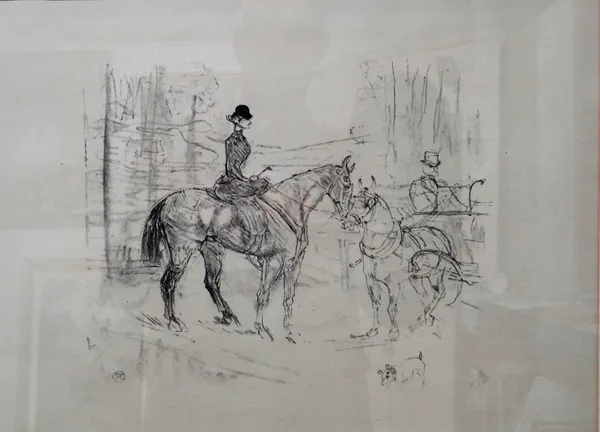 After Henri de Toulouse-Lautrec, Lady on horseback, lithograph, 30.5cm x 41.5cm.