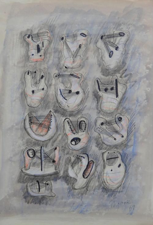 Manner of Henry Moore, Untitled, mixed media, bears a signature and date, unframed, 50.5cm x 35.5cm.