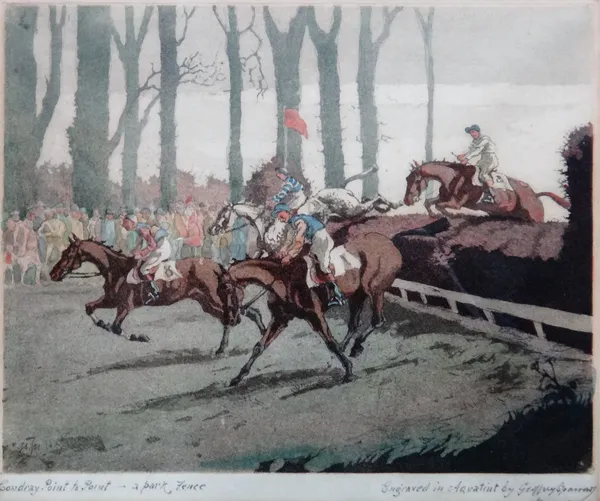 Geoffrey Sparrow (1887-1969), Cowdray Point to Point - a Park Fence; The Crawley and Horsham in Newells, two etchings with hand colouring, both signed