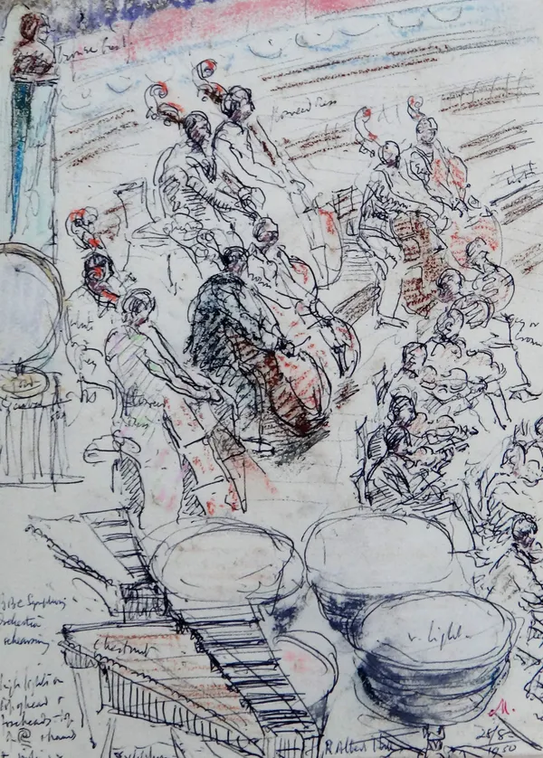 Paul Ayshford, Lord Methuen (1886-1974), A Folio of six sketches of orchestral subjects, some pencil, some ink, some mixed media, most inscribed, vari